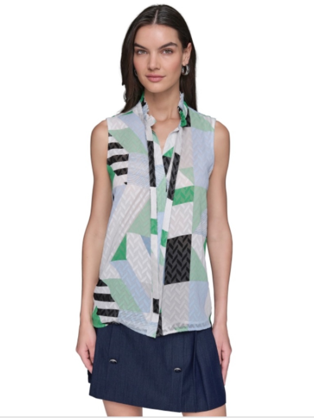 Karl Lagerfeld Paris Women's Textured Geometric-Print Top-Soft White Multi NWT